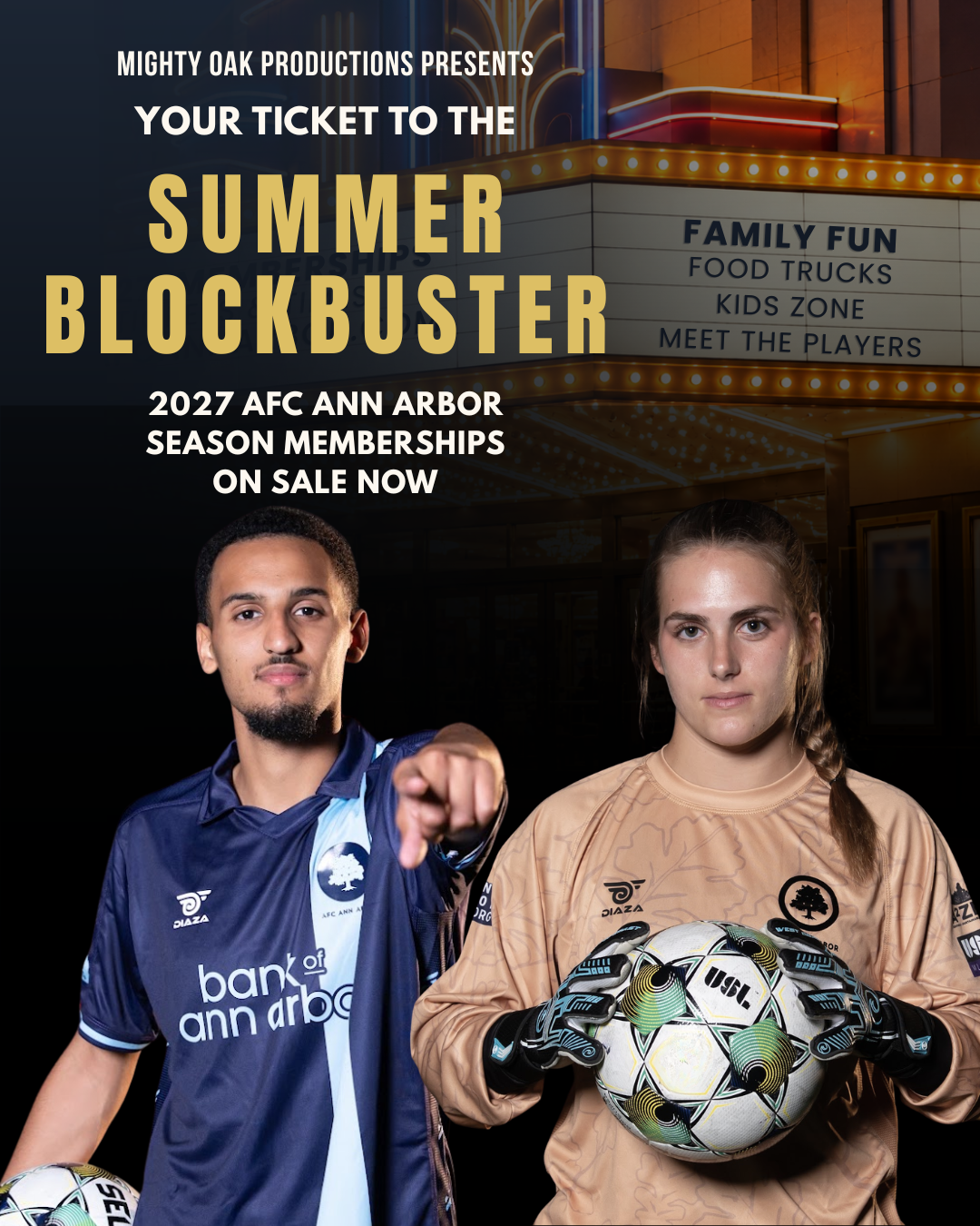Movie-poster-style announcement for 2027 AFC Ann Arbor season memberships, featuring men’s and women’s players beneath a theater marquee. Your ticket to the summer blockbuster. Memberships on sale now.