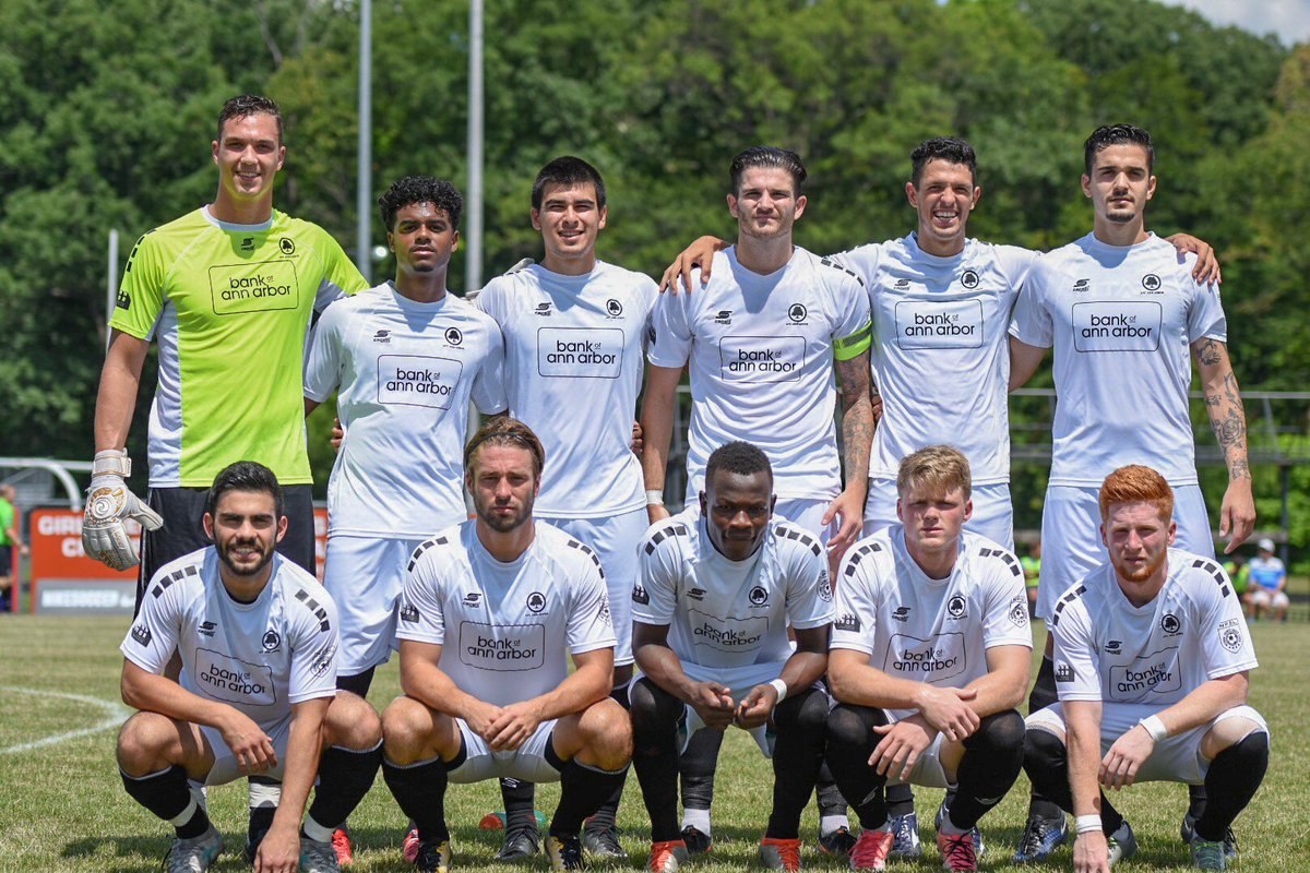 Starting XI photo from AFC Ann Arbor men versus Lansing United (2018-07-04).
