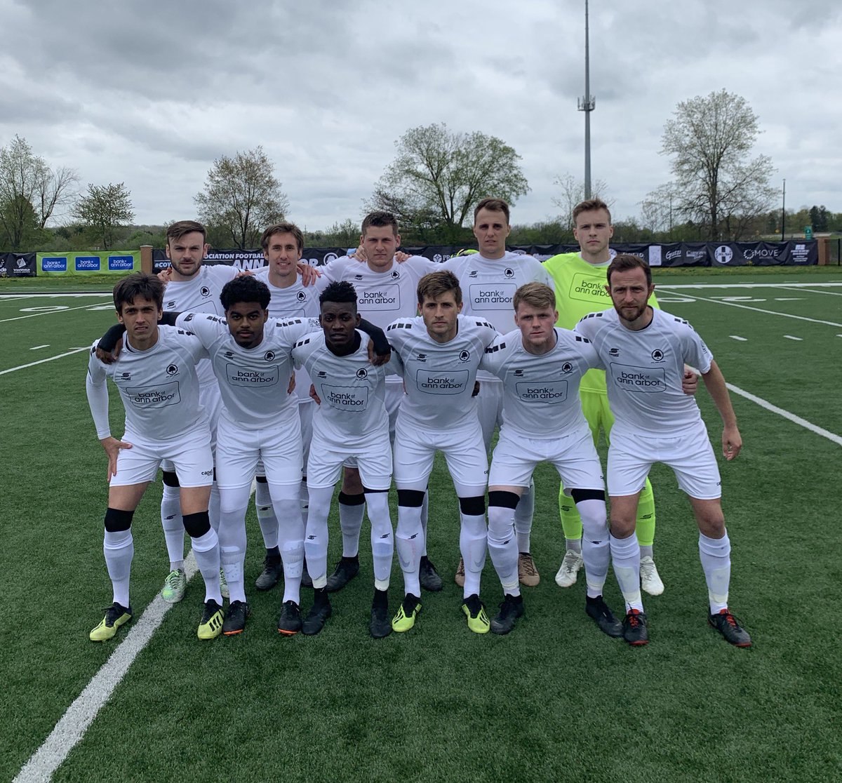 AFC Ann Arbor men lineup before the 2019-05-12 match against Kalamazoo FC.