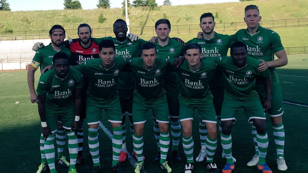 AFC Ann Arbor men lineup before the 2015-06-06 match against Oakland United.
