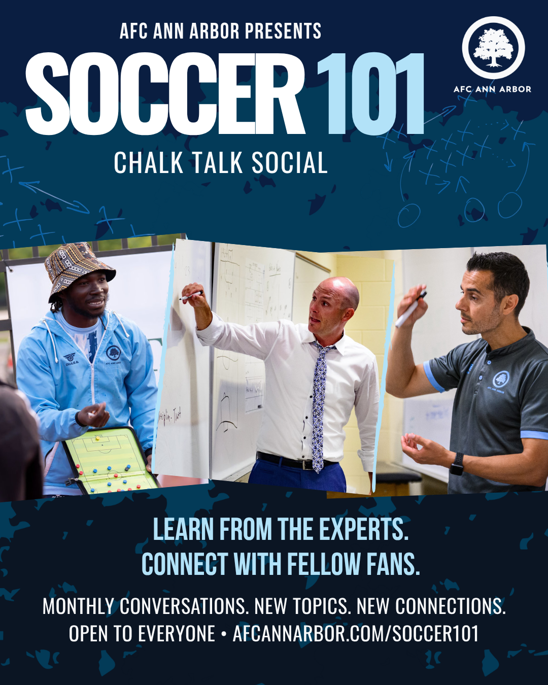Soccer 101 Chalk Talk Social. Learn from the experts, connect with fellow fans. Monthly conversations, new topics, new connections. Open to everyone.